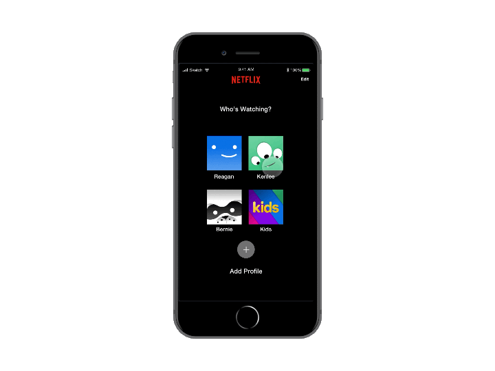 Hi-fi prototype: selecting a profile then browsing and adding titles toward a favorites watchlist